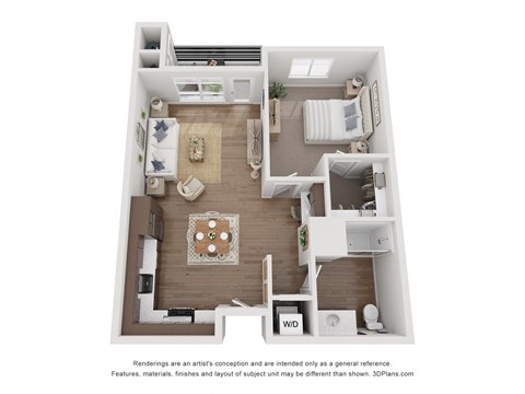 a stylized floor plan with a bedroom and a living room